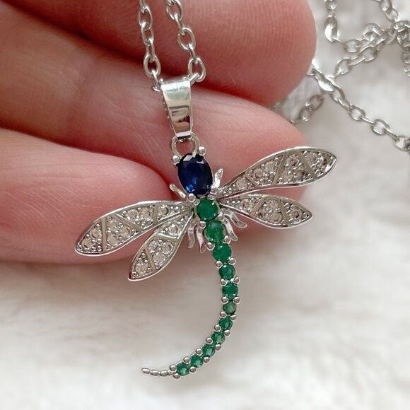 Dragonfly Insect Blue Green and CZ Silver Fashion Pendant Necklace NWOT - Picture 5 of 13